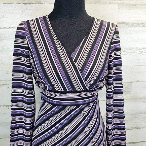 Y2K My Michelle Striped Wrap Top Long Sleeve V-Neck Retro Stretch Blouse Large - Picture 8 of 14